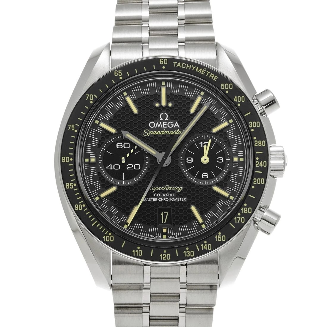 OMEGA SPEEDMASTER SUPER BLACK WATCH: OMEGA Speedmaster Super black WATCH Brand: OMEGA Type: Wristwatch Material: Band Material Stainless steel, Case Material Stainless steel Color: Dial Color black Size: Case H/about 44.25mm