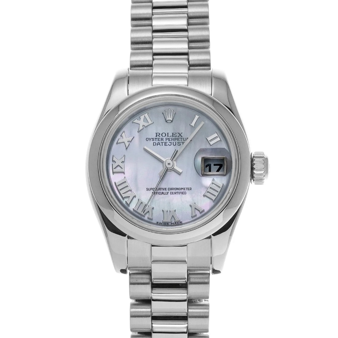 ROLEX DATEJUST WHITE SHELL WATCH: ROLEX Datejust White shell WATCH Brand: ROLEX Type: Wristwatch Material: Band Material Platinum, Case Material Platinum Color: Dial Color White shell Size: Case H/about 26mm W/about 26mm
