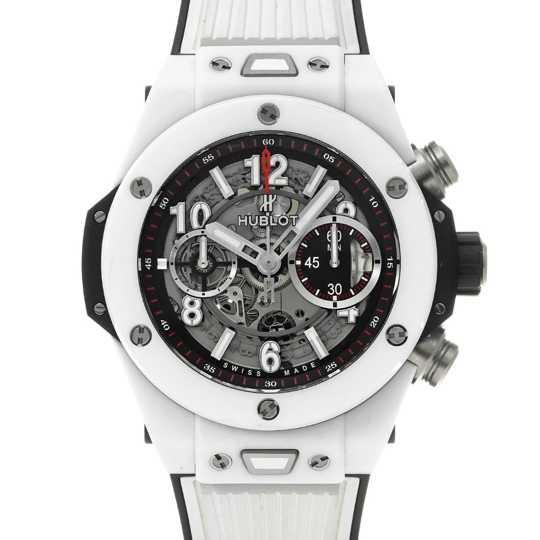 HUBLOT BIG BANG UNICO WHITE CERAMIC SKELETON WATCH: HUBLOT Big Bang Unico White Ceramic skeleton WATCH Brand: HUBLOT Type: Wristwatch Material: Band Material rubber, Case Material ceramic Color: Dial Color skeleton Size: Case H/about 45mm