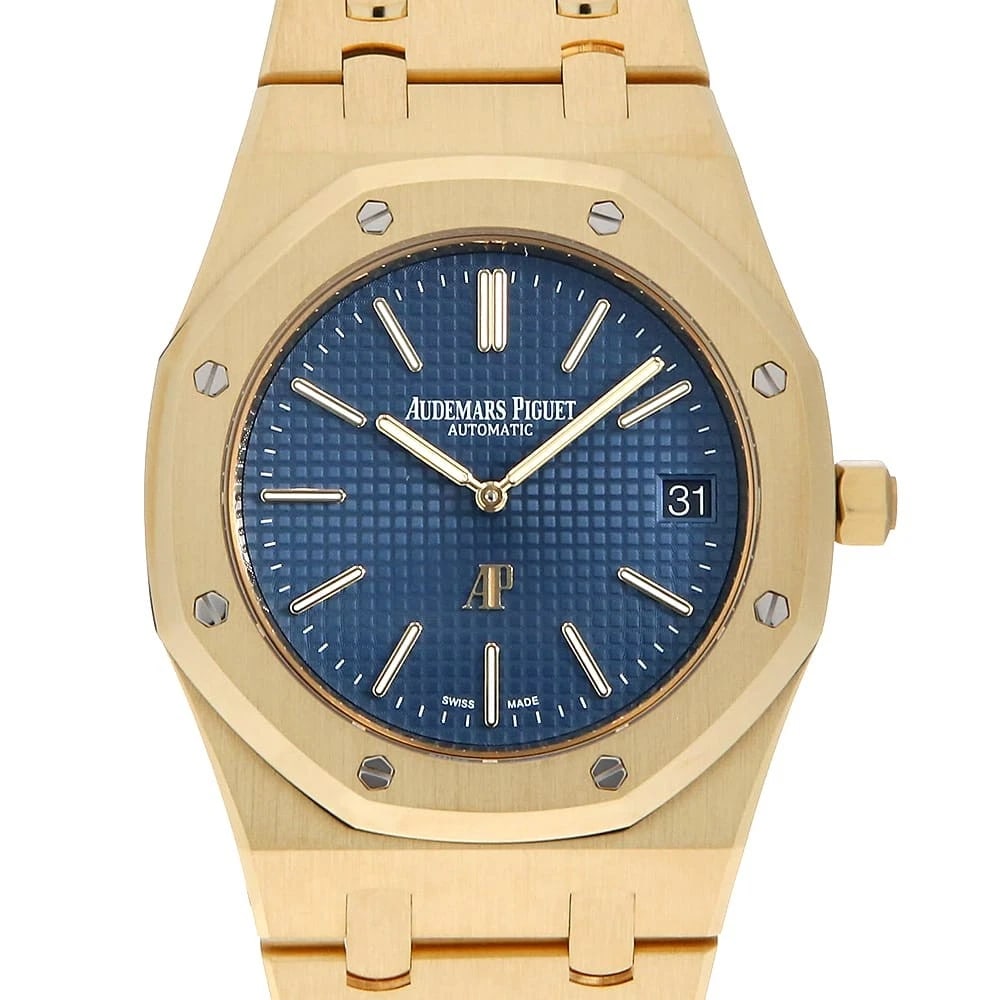 AUDEMARS PIGUET ROYAL OAK JUMBO EXTRA THIN WATCH: AUDEMARS PIGUET Royal Oak Jumbo Extra ThinWatch Brand: AUDEMARS PIGUET Type: Wrist watch Material: Band Material Yellow Gold, Case Material Yellow Gold Color: Dial Color Blue Size: Band Size 19cm