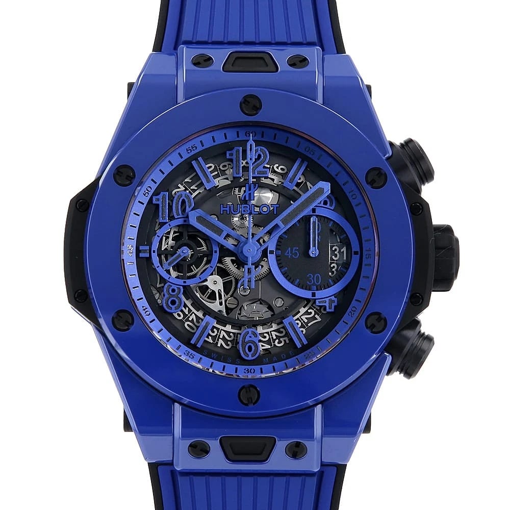 HUBLOT BIG BANG UNICO BLUE MAGIC WATCH: HUBLOT big bang unico blue magic Watch Brand: HUBLOT Type: Wrist watch Material: Band Material rubber, Case Material Ceramic Color: Dial Color Skeleton Size: Band Size None, Case Size