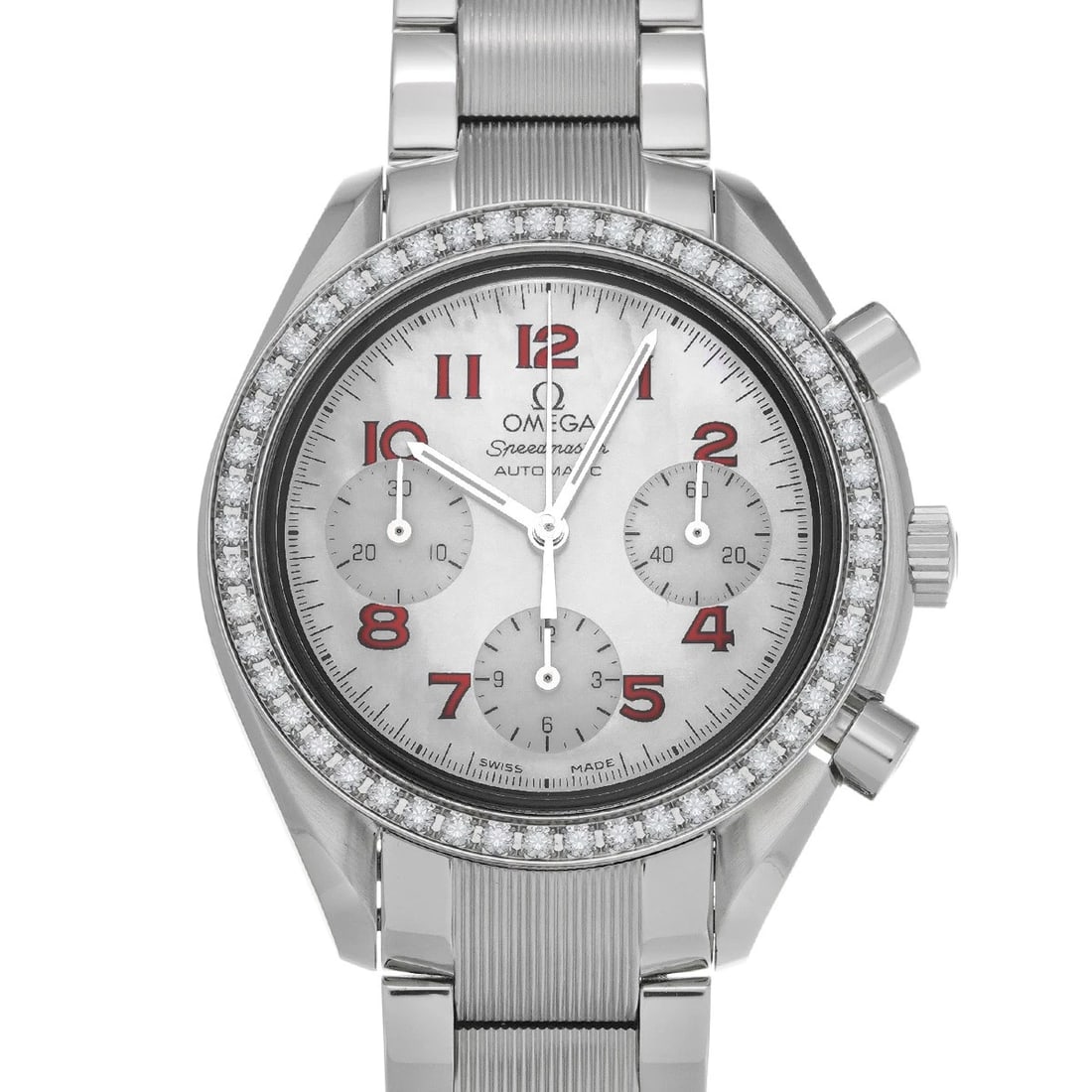 OMEGA SPEEDMASTER WHITE SHELL WATCH: OMEGA Speedmaster White shell WATCH Brand: OMEGA Type: Wristwatch Material: Band Material Stainless steel, Case Material Stainless steel Color: Dial Color White shell Size: Case H/about 39mm