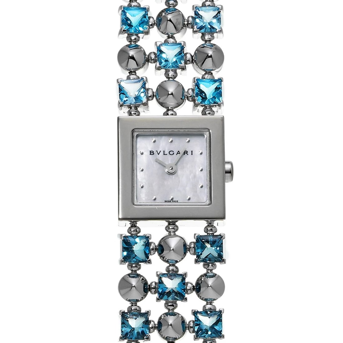 BVLGARI WHITE SHELL WATCH: BVLGARI White shell WATCH Brand: BVLGARI Type: Wristwatch Material: Band Material White Gold Plated/Blue Topaz, Case Material White gold Color: Dial Color White shell Size: Case H/about 16mm W/abo