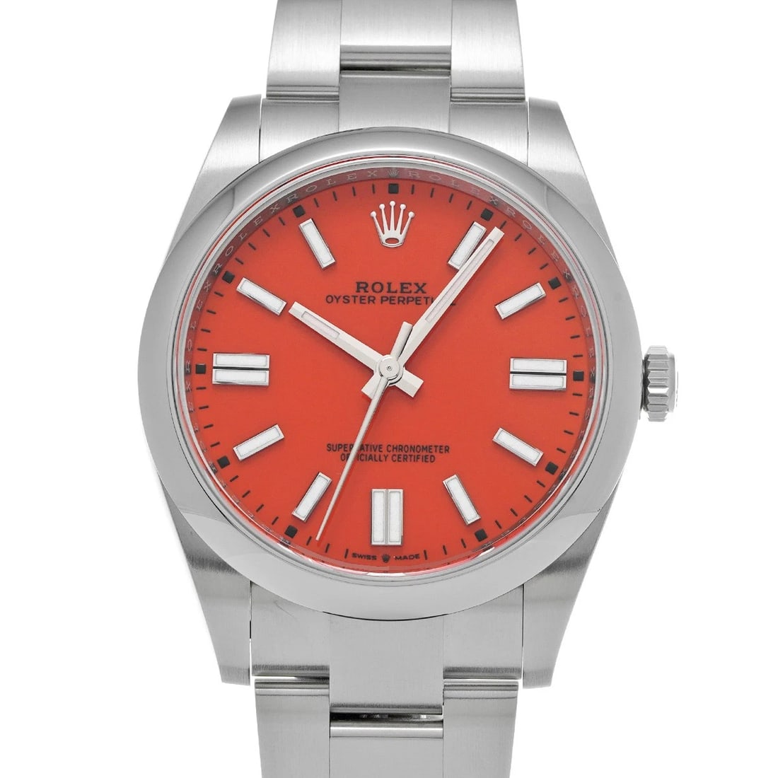 ROLEX OYSTER PERPETUAL CORAL RED WATCH: ROLEX Oyster Perpetual Coral red WATCH Brand: ROLEX Type: Wristwatch Material: Band Material Stainless steel, Case Material Stainless steel Color: Dial Color Coral red Size: Case H/about 41mm W/ab