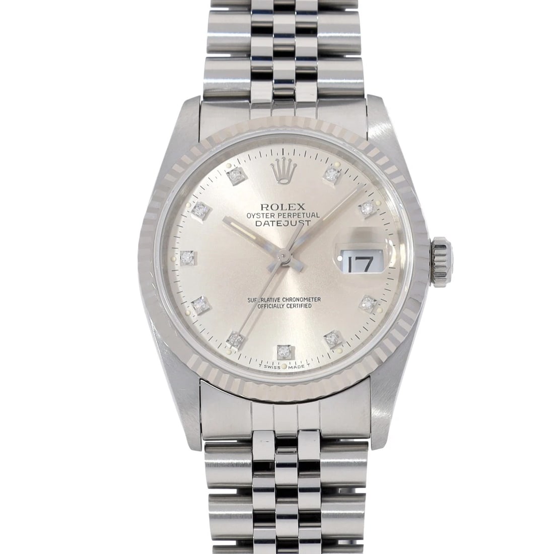 ROLEX DATEJUST SILVER DIAMOND WATCH: ROLEX Datejust Silver diamond WATCH Brand: ROLEX Type: Wristwatch Material: Band Material Stainless steel, Case Material Stainless steel Color: Dial Color Silver Size: Case H/about 36mm W/about 36