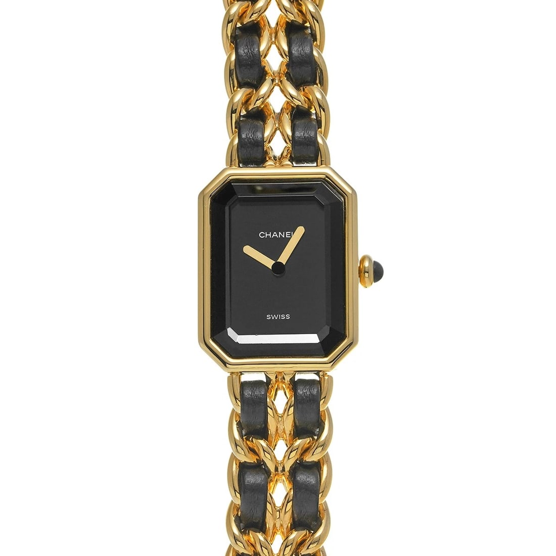 CHANEL PREMIÈRE BLACK WATCH: CHANEL Première black WATCH Brand: CHANEL Type: Wristwatch Material: Band Material Yellow gold plated/leather, Case Material Yellow gold plated Color: Dial Color black Size: Case H/about 26mm W/a