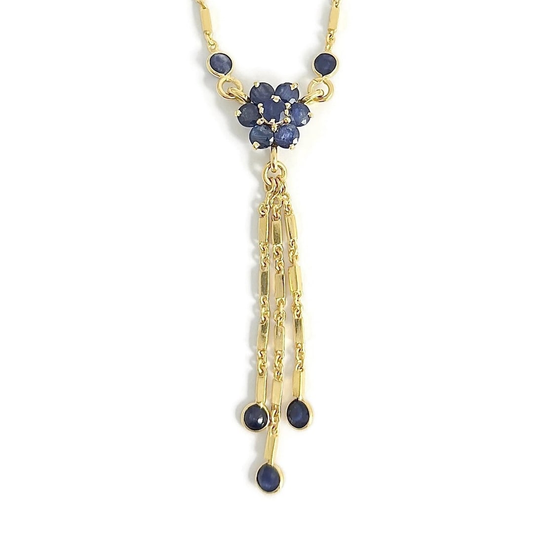 BLUE SAPPHIRE FLOWER GEMSTONE LARIAT TASSEL NECKLACE (1 of 2)