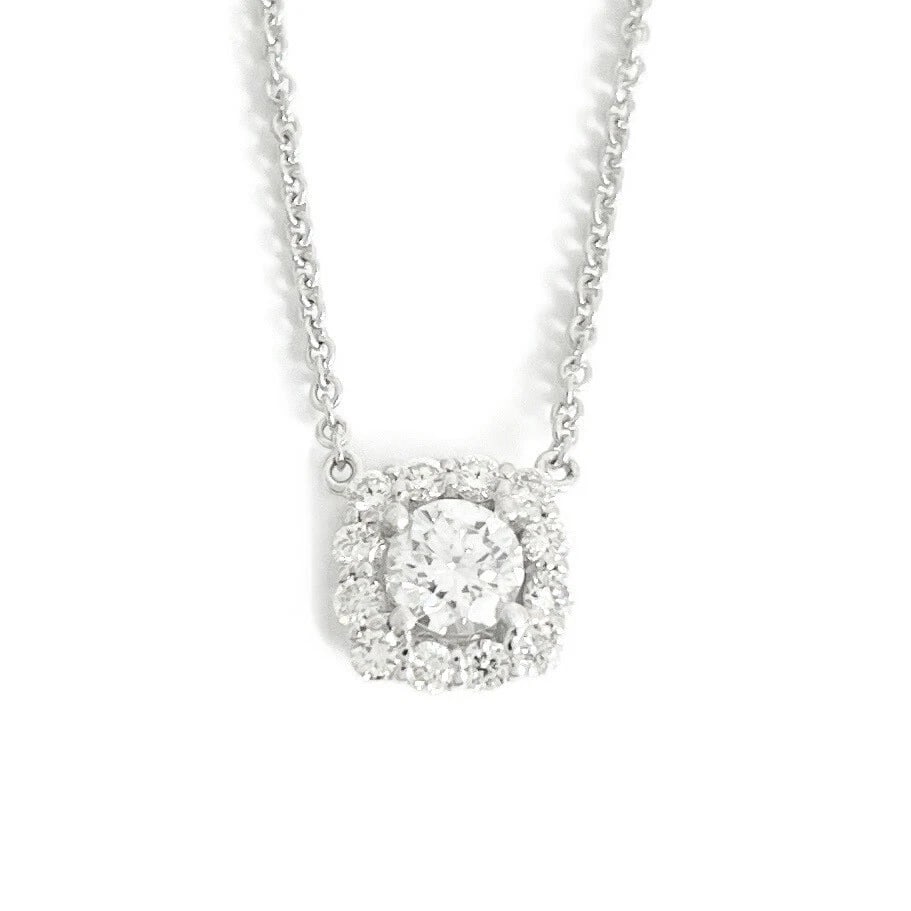 CUSHION HALO ROUND DIAMOND PENDANT NECKLACE: Cushion Halo Round Diamond Pendant Necklace Brand: Salvatore & Co. Type: Necklace Material: 14K White Gold Main Stone/Creation Natural Color: Silver Size: Length: 18 inches Pendant: 8.2 mm x 8.2 m