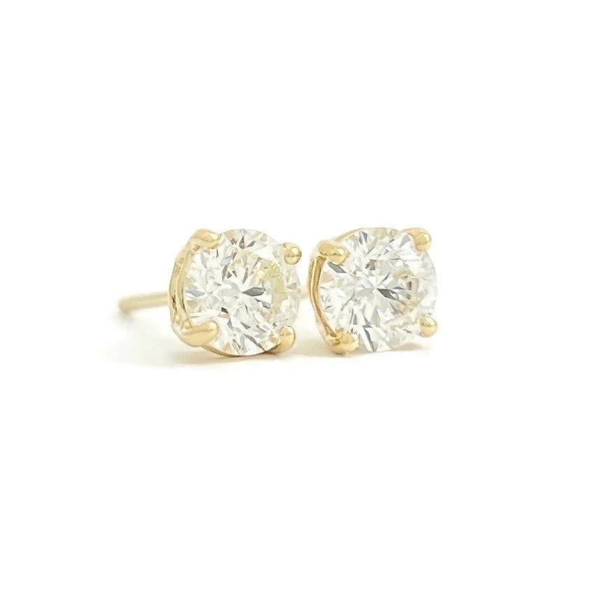 ROUND DIAMOND STUD EARRINGS 14K YELLOW GOLD 4-PRONG BASKET (1 of 2)