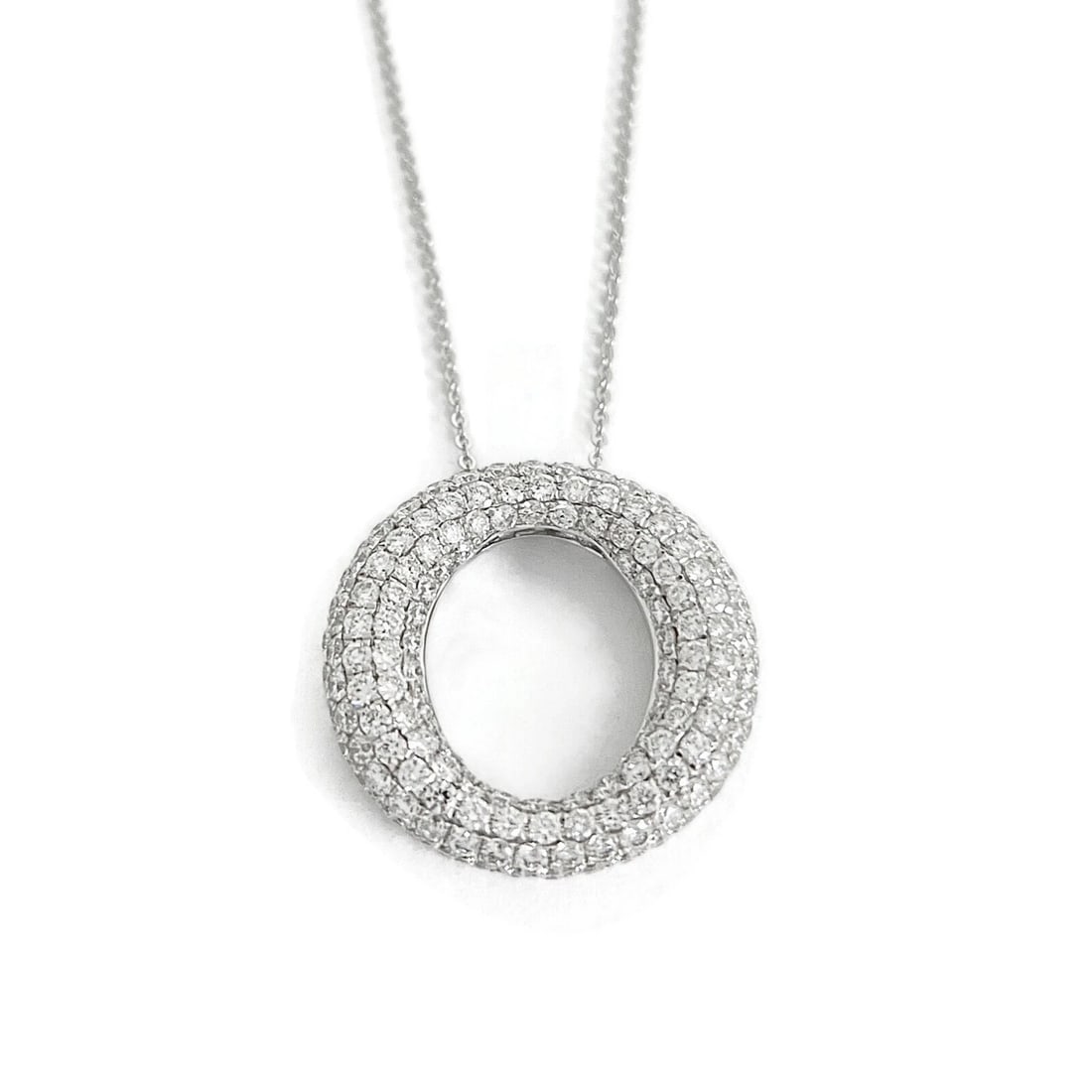 PAVE DIAMOND OPEN PUFF CIRCLE PENDANT NECKLACE: Pave Diamond Open Puff Circle Pendant Necklace Brand: Unbranded Type: Necklace Material: 18K white gold pendant; 14K white gold chain Main Stone/Creation Natural Color: Silver Size: Length: 16