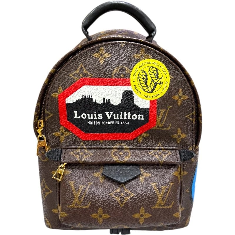 LOUIS VUITTON PALM SPRINGS BACKPACK: LOUIS VUITTON Palm Springs backpack Brand: LOUIS VUITTON Type: Backpack Â· Daypack Material: monogram world tour Color: Brown Size: W6.5 x H8.7x D3.5inch Shoulder:33.9inch Accessories: None