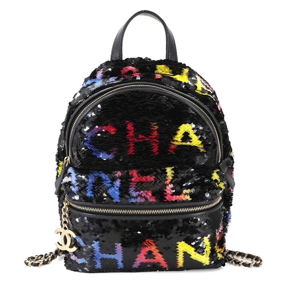 CHANEL CHAIN BACKPACK SPANGLE LEATHER BLACK PURSE (1 of 5)