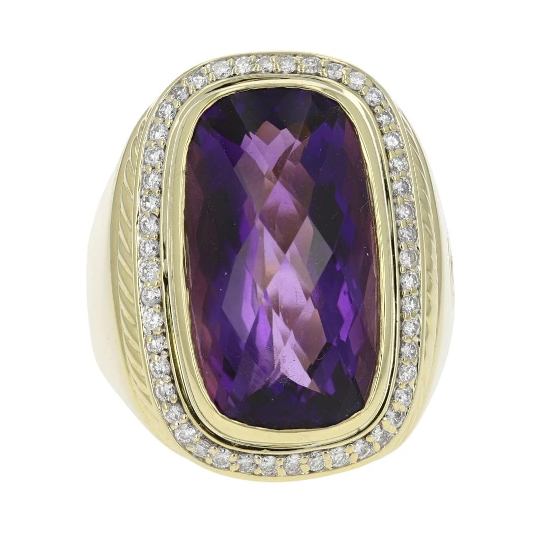 DAVID YURMAN AMETHYST WITH DIAMOND HALO RING: David Yurman Amethyst with Diamond Halo Ring Brand: David Yurman Type: Ring Material: 18k Yellow Gold Main Stone/Creation Amethyst Color: Main Stone Color: Vivid Purple Size: 12.25 US 