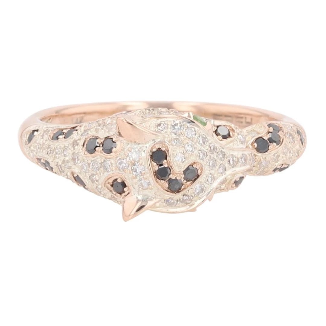 EFFY DIAMOND AND TSAVORITE GARNET PANTHER RING: EFFY Diamond and Tsavorite Garnet Panther Ring Brand: Effy Type: Ring Material: 14k Rose Gold Main Stone/Creation Natural Color: None Size: 7.25 US Accessories: None Accessories Notice: When