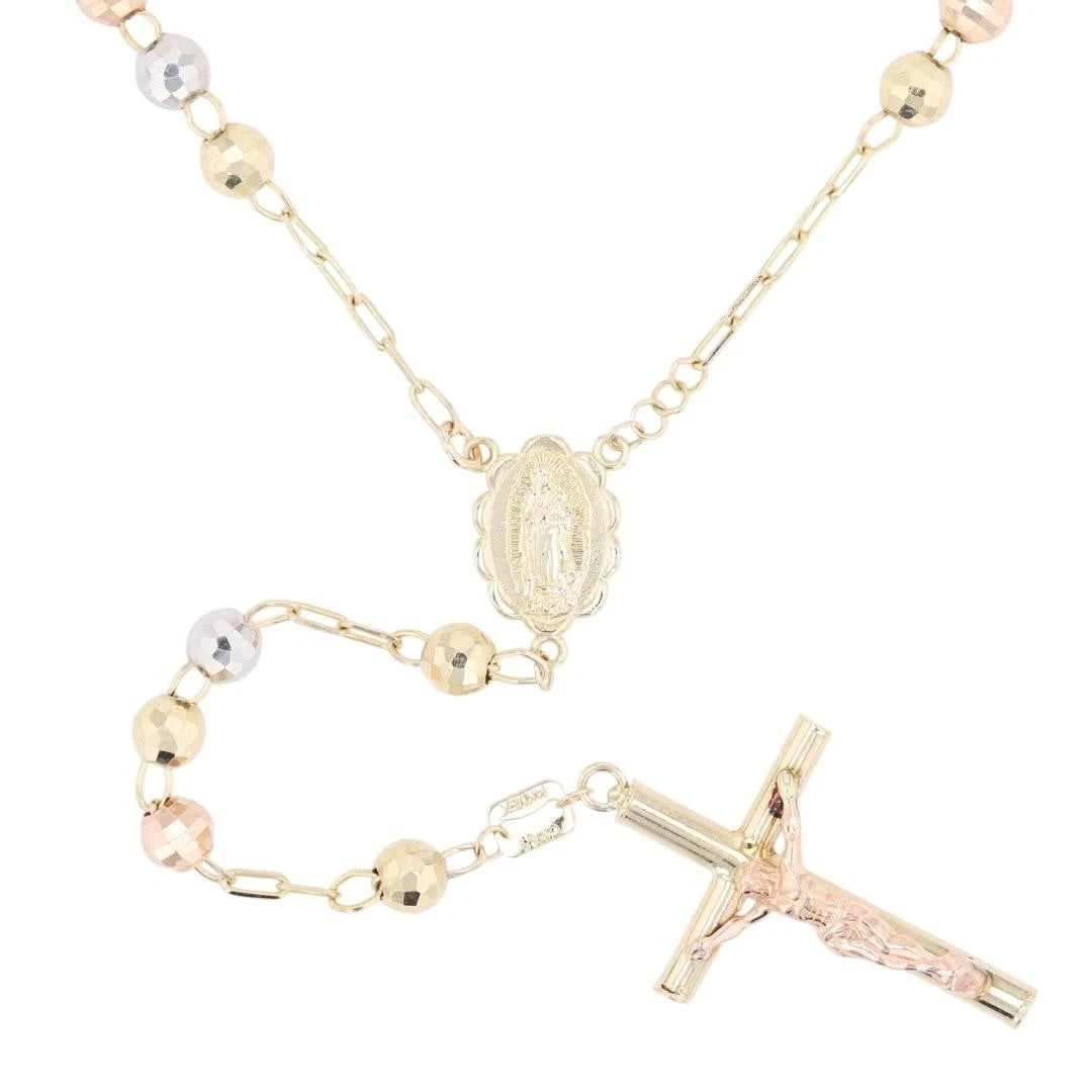 RELIGIOUS ROSARY CROSS BEADED NECKLACE: Religious Rosary Cross Beaded Necklace Brand: Unbranded Type: Necklace Material: 10k Multi-Tone Gold Color: None Size: Necklace Measurement: 16.5" Length / 5mm Width / 4" Accessories: None