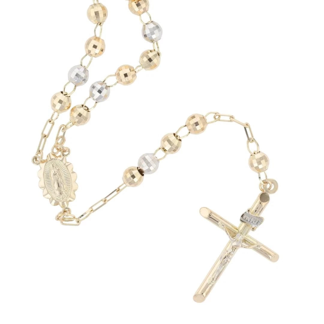 RELIGIOUS ROSARY CROSS BEADED NECKLACE 10K MULTI-TONE GOLD: Religious Rosary Cross Beaded Necklace 10k Multi-Tone Gold Brand: Unbranded Type: Necklace Material: 10k Multi-Tone Gold Color: None Size: Necklace Measurement: 24" Length / 4.9mm Width (Bead)
