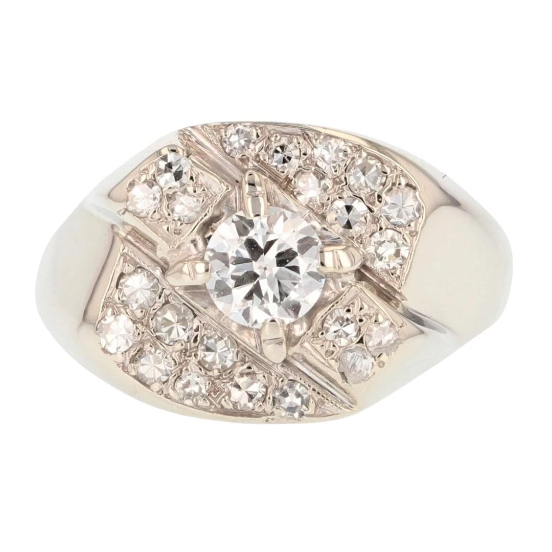 ROUND CUT DIAMOND SOLITAIRE W/ CLUSTER SIGNET RING: Round Cut Diamond Solitaire w/ Cluster Signet Ring Brand: Unbranded Type: Ring Material: 14k White Gold Main Stone/Creation Natural Color: None Size: 9 US Accessories: None Accessories Not