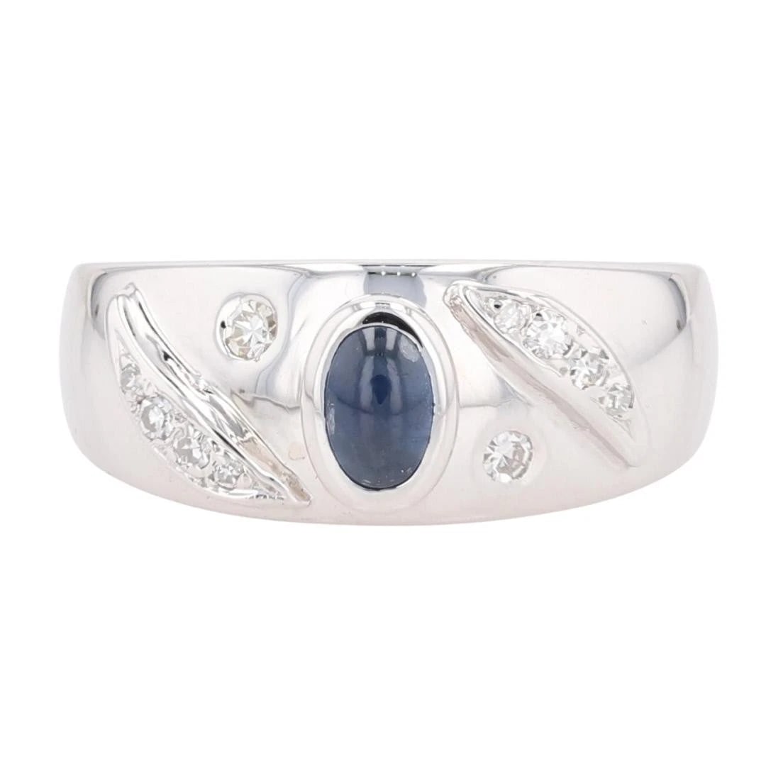 OVAL CABOCHON SAPPHIRE WITH DIAMOND ACCENTS RING: Oval Cabochon Sapphire with Diamond Accents Ring Brand: Unbranded Type: Ring Material: 14k White Gold Main Stone/Creation Sapphire Color: Main Stone Color: Medium Very Slightly Grayish
