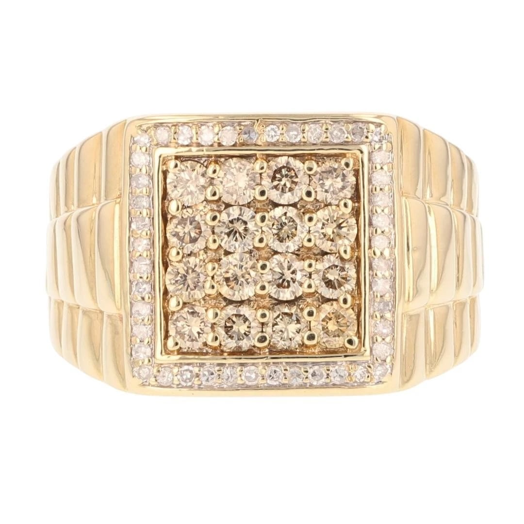 BROWN DIAMOND CLUSTER HALO RIBBED SIGNET RING: Brown Diamond Cluster Halo Ribbed Signet Ring Brand: Unbranded Type: Ring Material: 10k Yellow Gold Main Stone/Creation Natural Color: None Size: 9 US Accessories: None Accessories Notice: