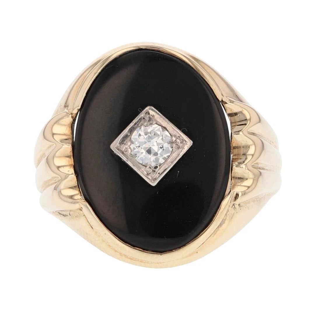 OVAL BLACK ONYX & DIAMOND VINTAGE SIGNET RING: Oval Black Onyx & Diamond Vintage Signet Ring Brand: Unbranded Type: Ring Material: 10k Yellow Gold Main Stone/Creation Onyx Color: Main Stone Color: Black Size: 12.25 US Accessories: None