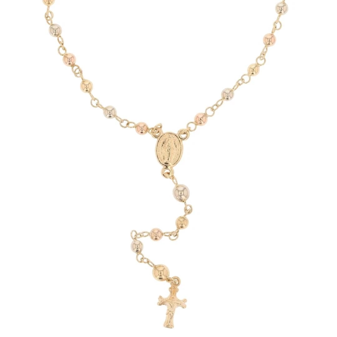 RELIGIOUS BEADED ROSARY NECKLACE 18K MULTI-TONE GOLD: Religious Beaded Rosary Necklace 18k Multi-Tone Gold Brand: Unbranded Type: Necklace Material: 18k Multi-Tone Gold Color: None Size: Necklace Measurement: 20" Length / 3mm Width / 2.5" Drop