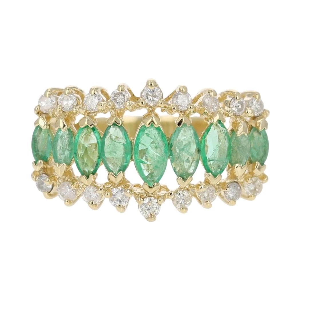MARQUISE EMERALD AND DIAMOND PYRAMID STYLE RING: Marquise Emerald and Diamond Pyramid Style Ring Brand: Unbranded Type: Ring Material: 14k Yellow Gold Main Stone/Creation Natural Color: Main Stone Color: Medium Strong Bluish Green Size: 6.5