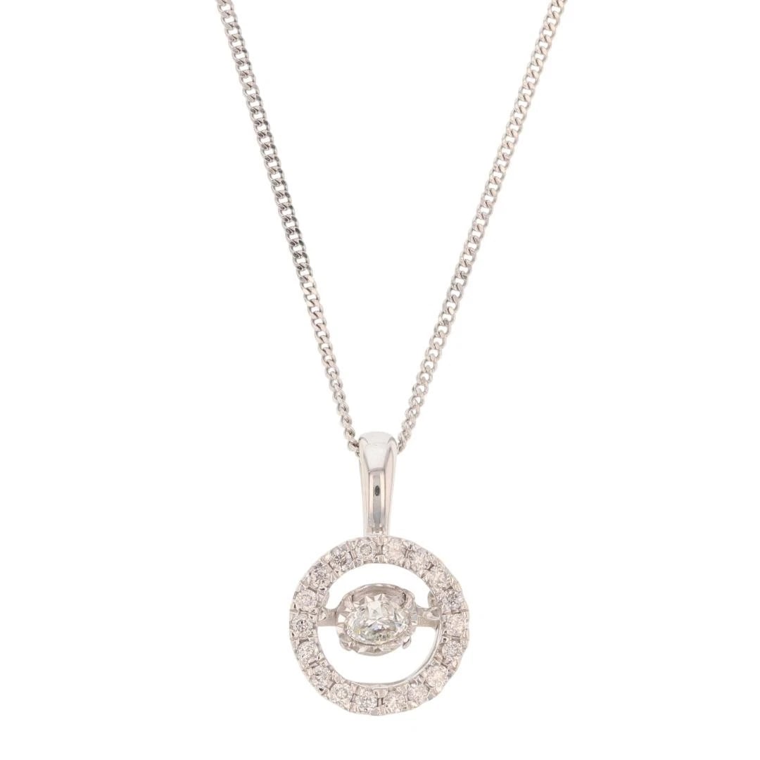 ROUND CUT DIAMOND IN MOTION HALO PENDANT NECKLACE: Round Cut Diamond in Motion Halo Pendant Necklace Brand: Unbranded Type: Necklace Material: 10k White Gold Color: None Size: Necklace Measurement: 17 - 19" Length / 1.1mm Width Pendant