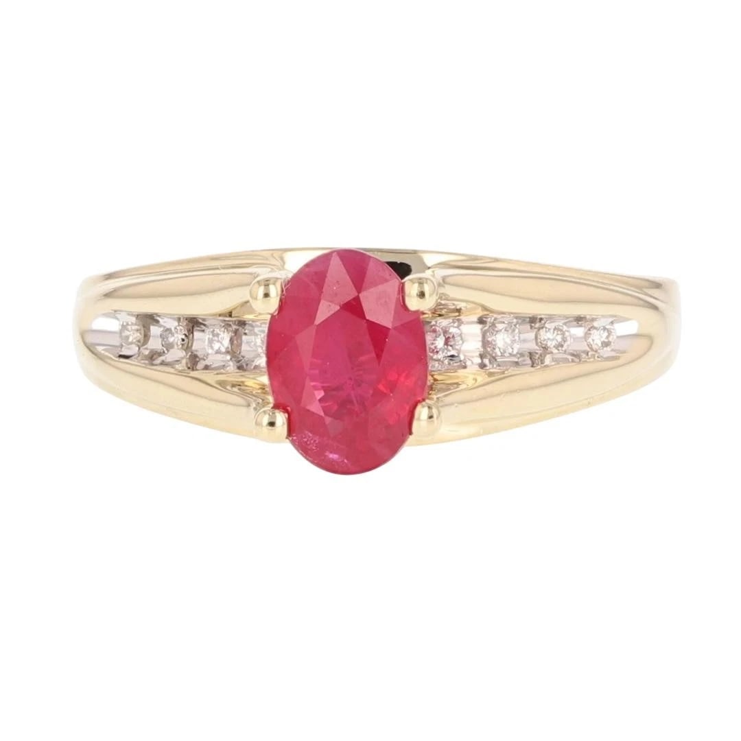 LAB-CREATED RUBY WITH DIAMOND ACCENTS RING: Lab-Created Ruby with Diamond Accents Ring Brand: Unbranded Type: Ring Material: 14k Yellow Gold Main Stone/Creation Ruby Color: Main Stone Color: Medium Strong Slightly Purplish Red Size: 6.5 US