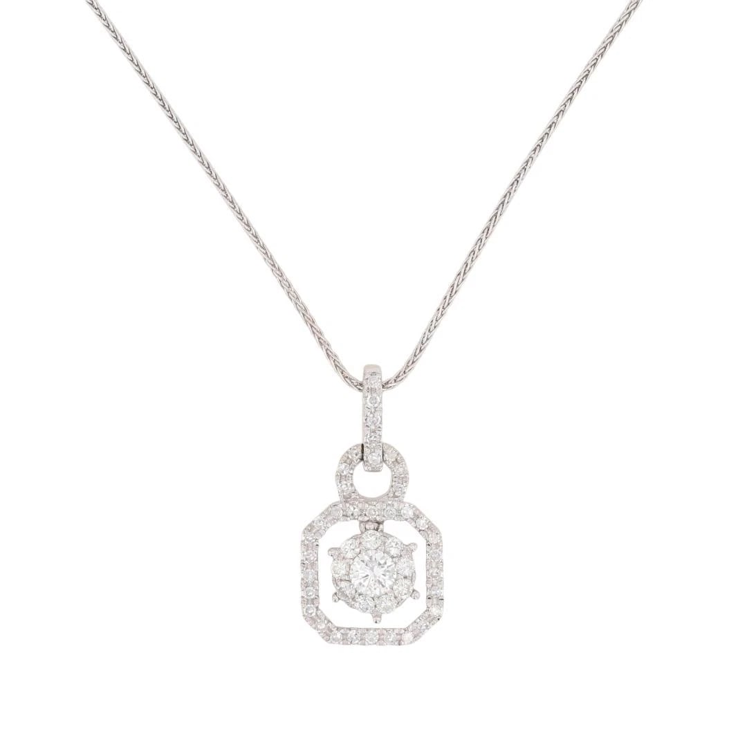 ROUND CUT DIAMOND OCTAGON DANGLE PENDANT NECKLACE: Round Cut Diamond Octagon Dangle Pendant Necklace Brand: Unbranded Type: Necklace Material: 14k White Gold Main Stone/Creation Natural Color: None Size: Pendant Measurement: 22.5mm Length /
