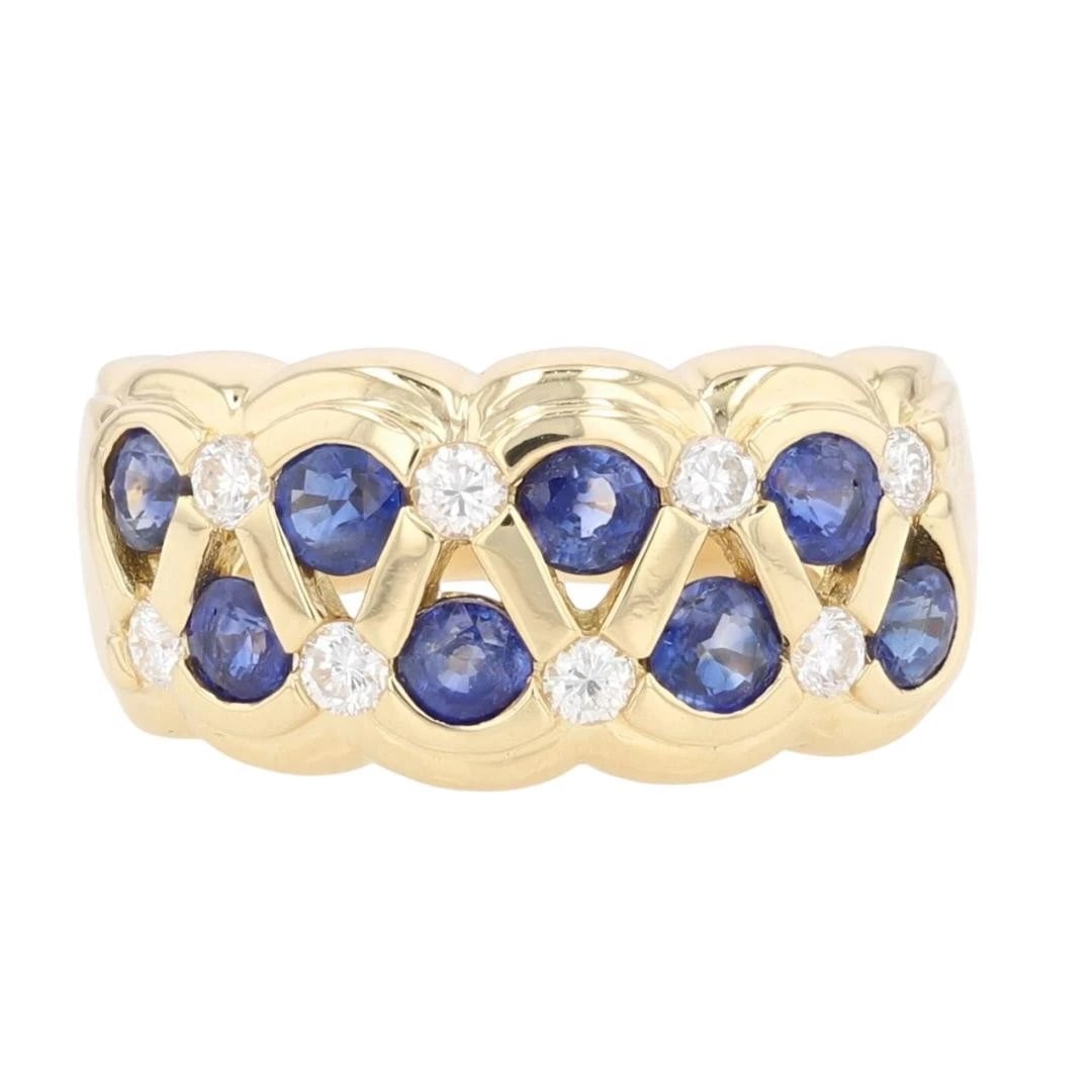 ROUND SAPPHIRE & DIAMOND CLUSTER STATEMENT RING: Round Sapphire & Diamond Cluster Statement Ring Brand: Unbranded Type: Ring Material: 18k Yellow Gold Main Stone/Creation Natural Color: Main Stone Color: Medium Moderately Strong Blue Size: