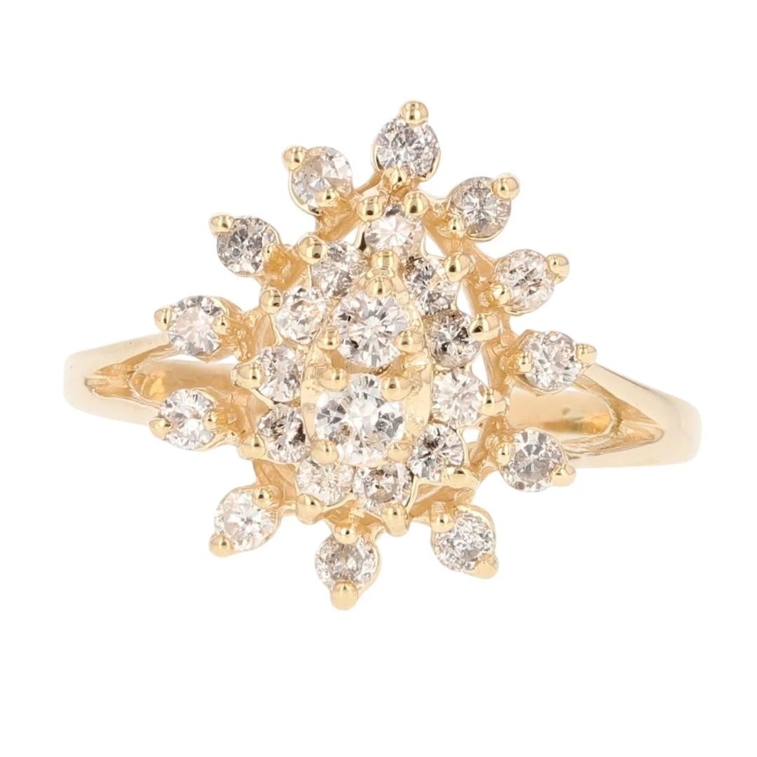 DIAMOND PEAR-SHAPED CLUSTER HALO PRONG-SET RING: Diamond Pear-Shaped Cluster Halo Prong-Set Ring Brand: Unbranded Type: Ring Material: 14k Yellow Gold Main Stone/Creation Natural Color: None Size: 9 US Accessories: None Accessories Notic