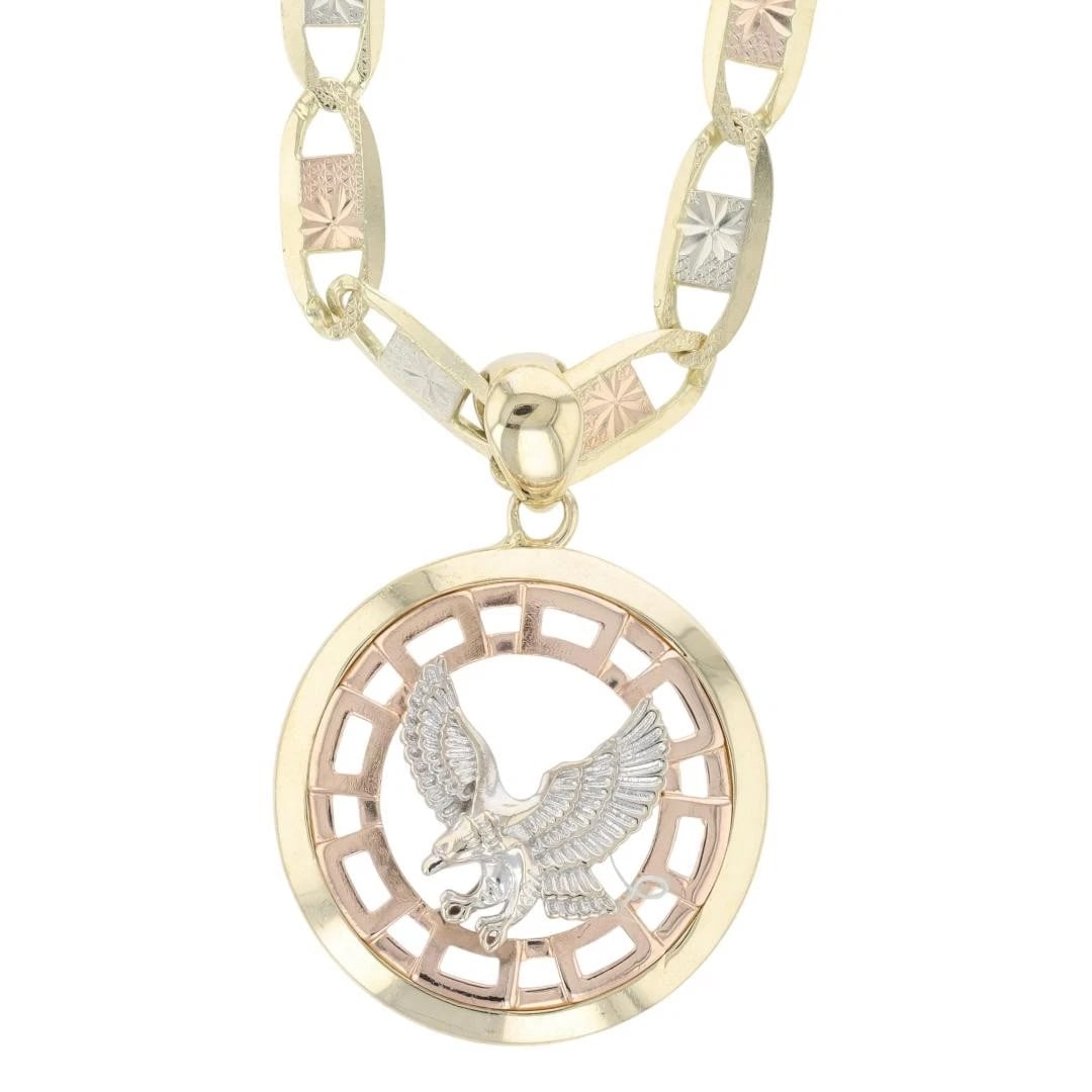 EAGLE IN CIRCLE PENDANT NECKLACE 14K MULTI-TONE GOLD: Eagle in Circle Pendant Necklace 14k Multi-Tone Gold Brand: Unbranded Type: Necklace Material: 14k Multi-Tone Gold Color: None Size: Necklace Measurement: 25.25" Length / 6mm Width Pendant