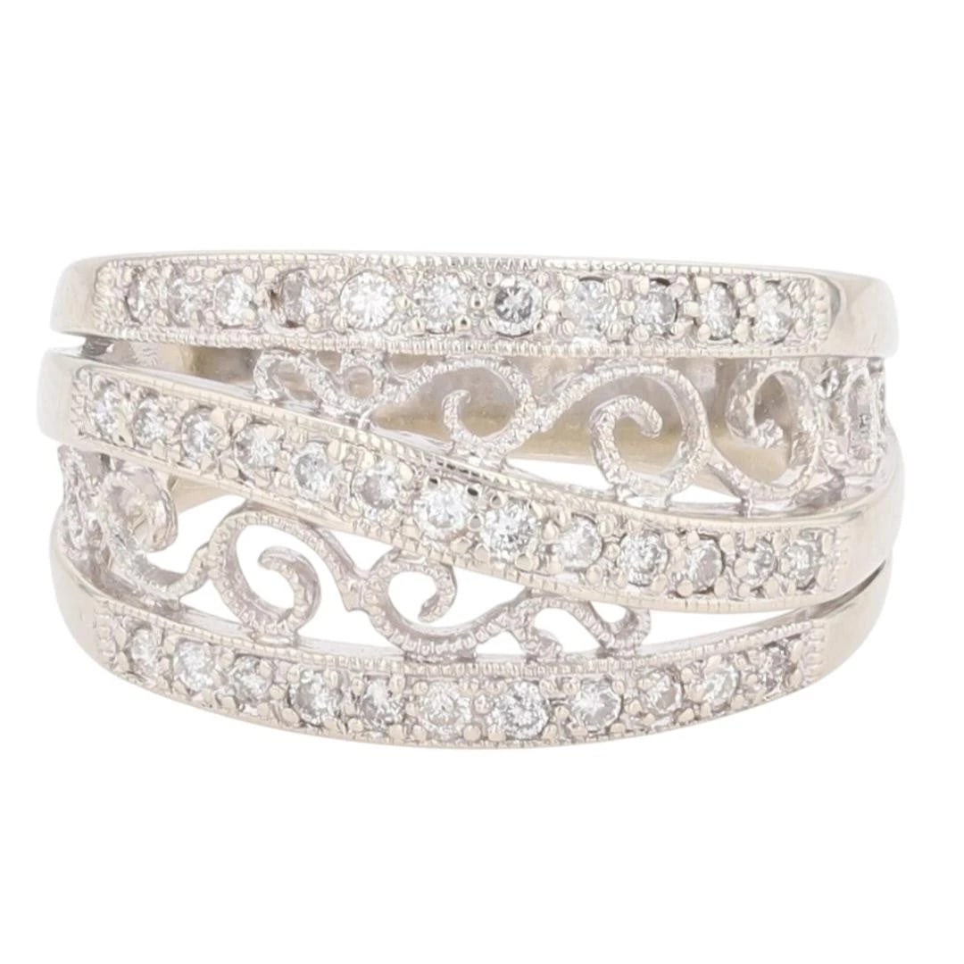 DIAMOND MULTI-ROW SCROLL FILIGREE WIDE BAND RING: Diamond Multi-Row Scroll Filigree Wide Band Ring Brand: Unbranded Type: Ring Material: 14k White Gold Main Stone/Creation Natural Color: None Size: 6.5 US Accessories: None Accessories