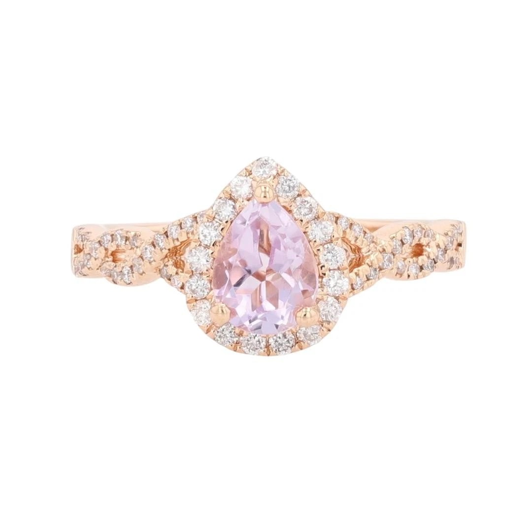 PEAR SHAPED AMETHYST & DIAMOND HALO STATEMENT RING: Pear Shaped Amethyst & Diamond Halo Statement Ring Brand: Unbranded Type: Ring Material: 14k Rose Gold Main Stone/Creation Amethyst Color: Main Stone Color: Medium Light Very Slightly Grayish