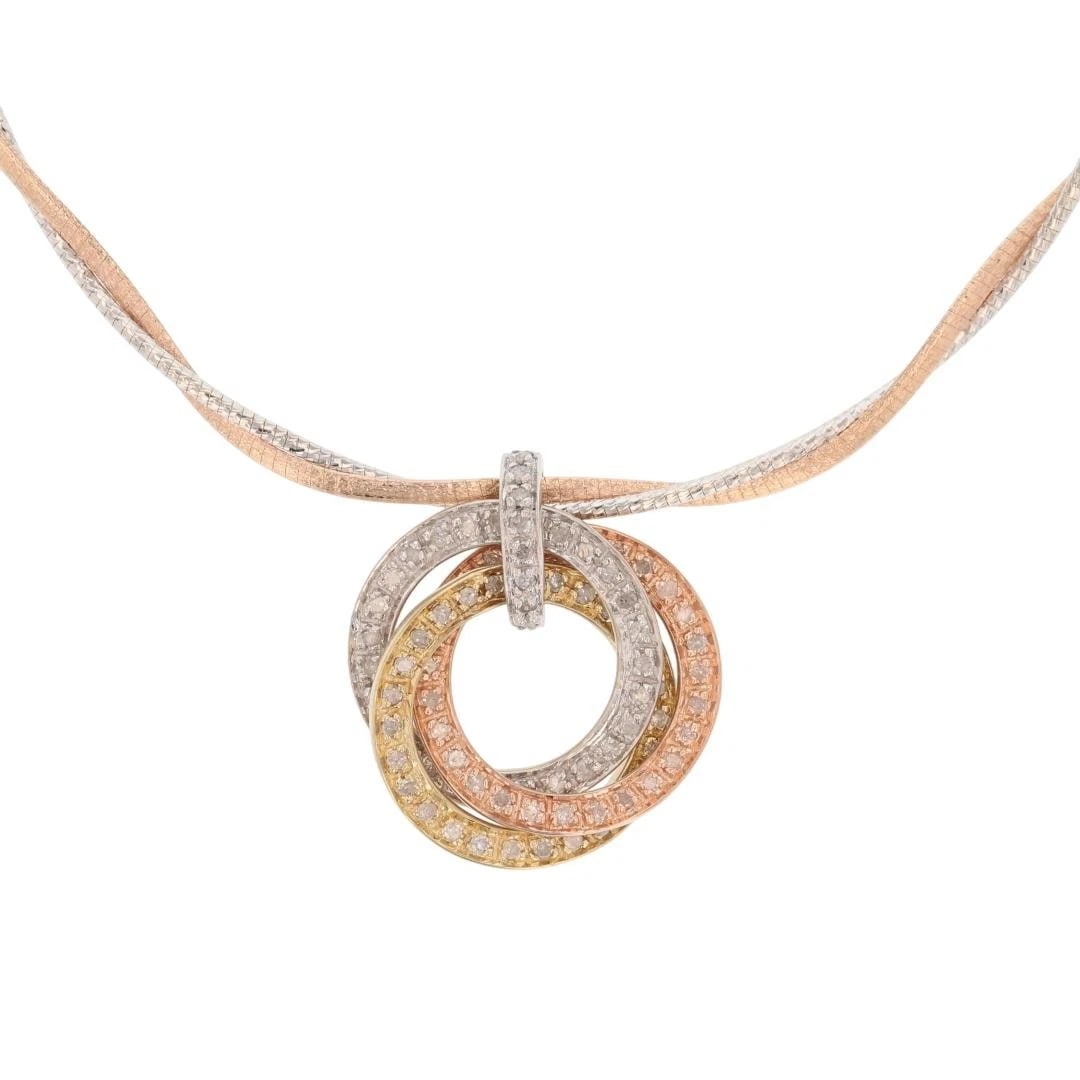 DIAMOND INTERLOCKING CIRCLES PENDANT NECKLACE: Diamond Interlocking Circles Pendant Necklace Brand: Unbranded Type: Necklace Material: 10k/14k Multi-Tone Gold Color: None Size: Necklace Measurement: 17" Length / 2.5mm Width Pendant