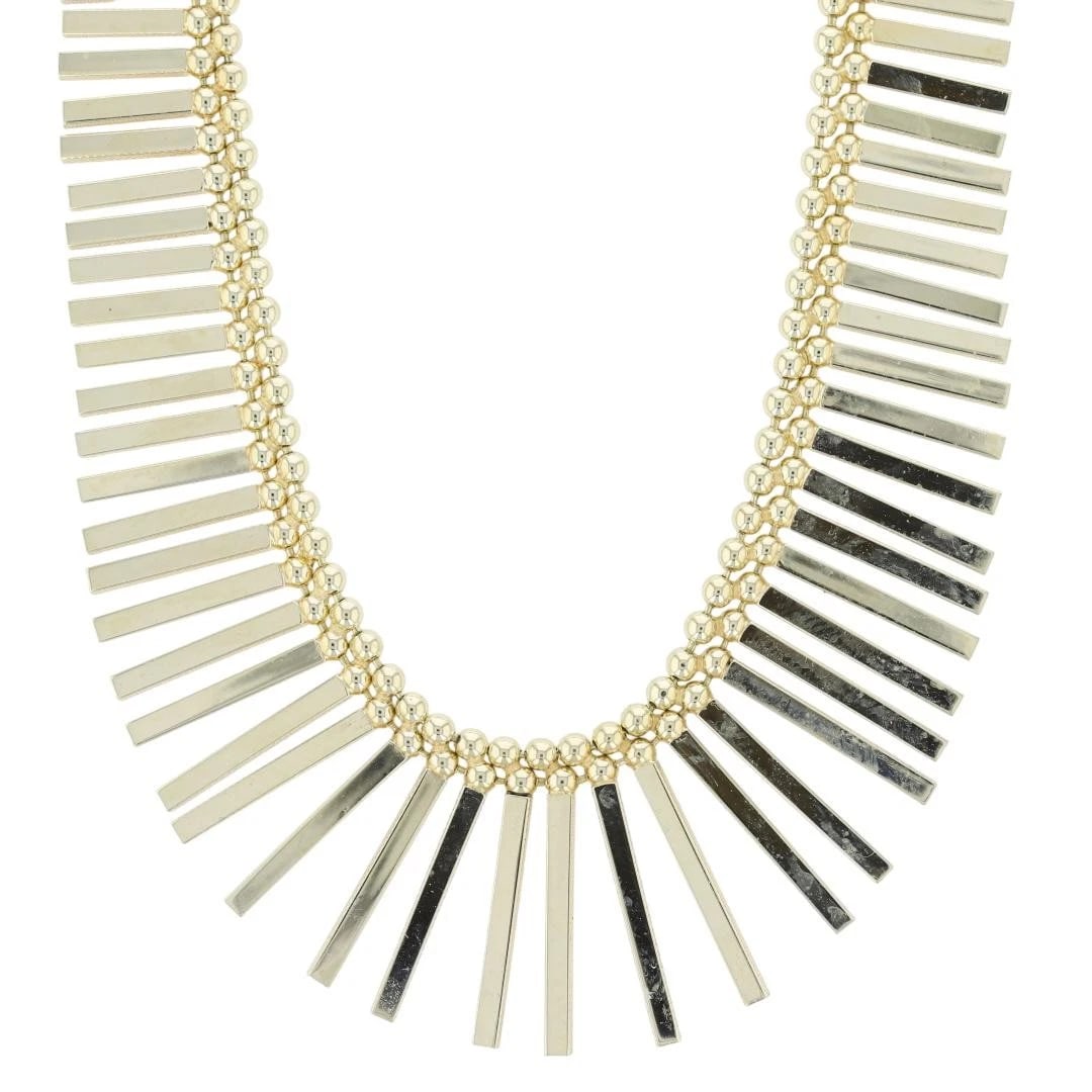 GRADUATING FRINGE CLEOPATRA NECKLACE 14K YELLOW GOLD: Graduating Fringe Cleopatra Necklace 14k Yellow Gold Brand: UNOAERRE Type: Necklace Material: 14k Yellow Gold Color: None Size: Necklace Measurement: 17" Length / 22.5mm Width (Center) / 8.2mm