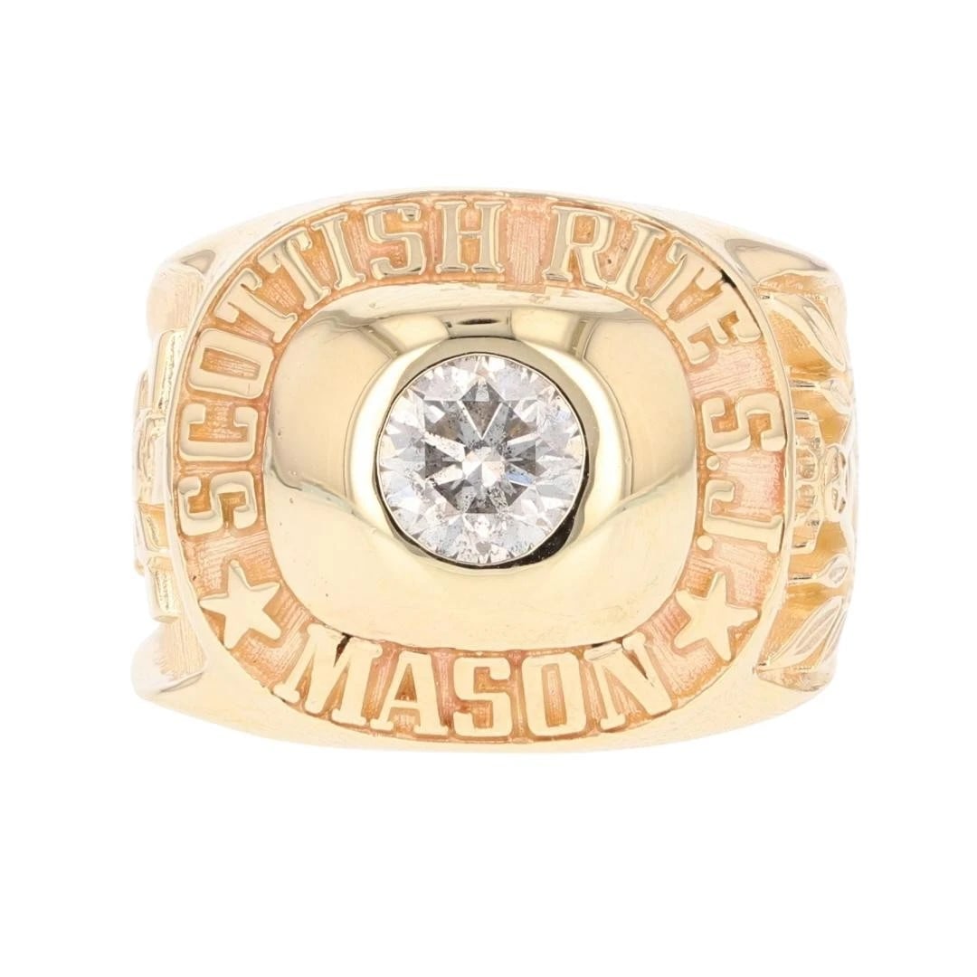 DIAMOND SOLITAIRE SCOTTISH RITE MASONIC RING: Diamond Solitaire Scottish Rite Masonic Ring Brand: Unbranded Type: Ring Material: 10k Yellow Gold Main Stone/Creation Natural Color: None Size: 9.25 US Accessories: None Accessories Notice: