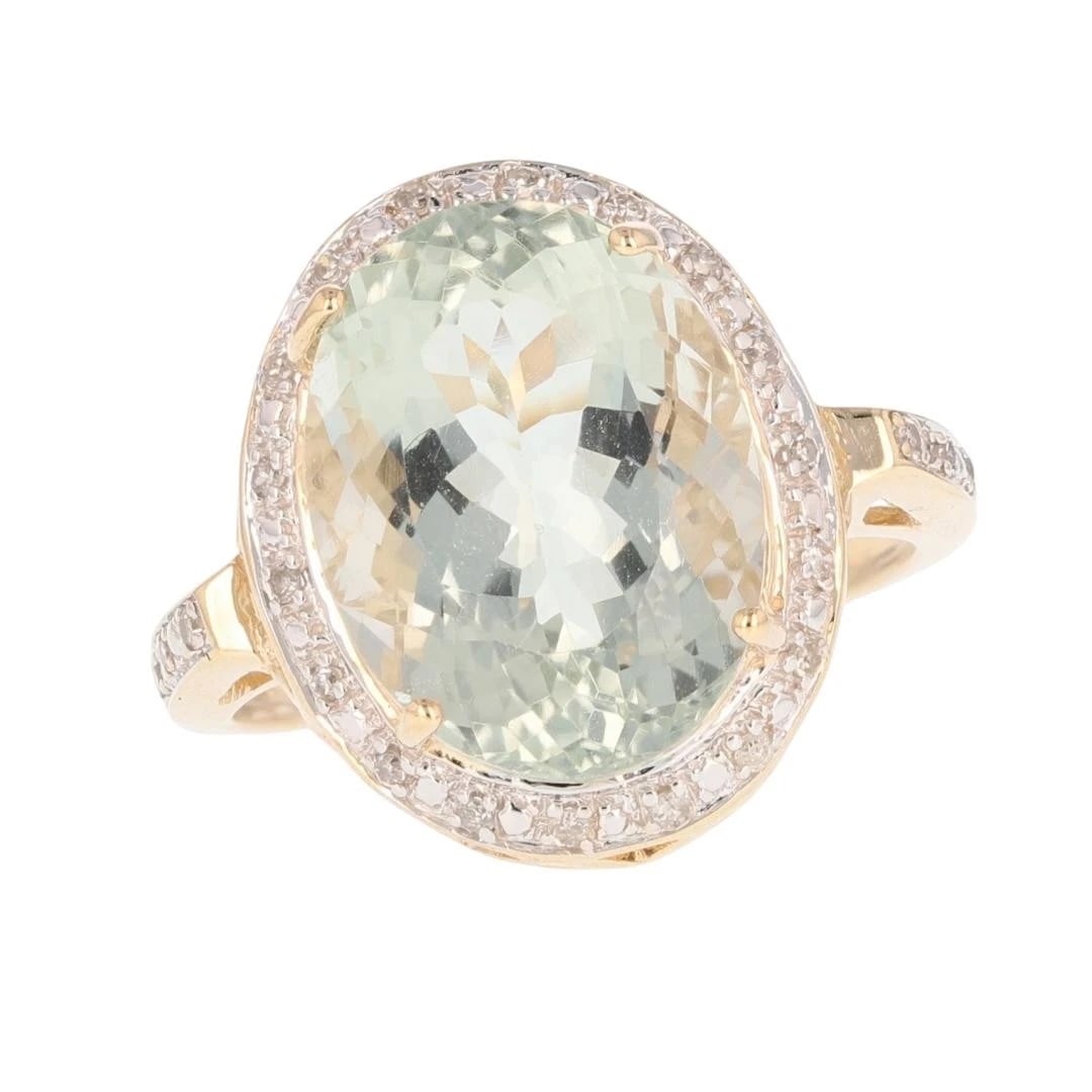 OVAL PRAISOLITE W/ DIAMOND HALO STATEMENT RING: Oval Praisolite w/ Diamond Halo Statement Ring Brand: Unbranded Type: Ring Material: 14k Yellow Gold Main Stone/Creation Green Amethyst/Prasiolite Color: Main Stone Color: Very Light Grayish