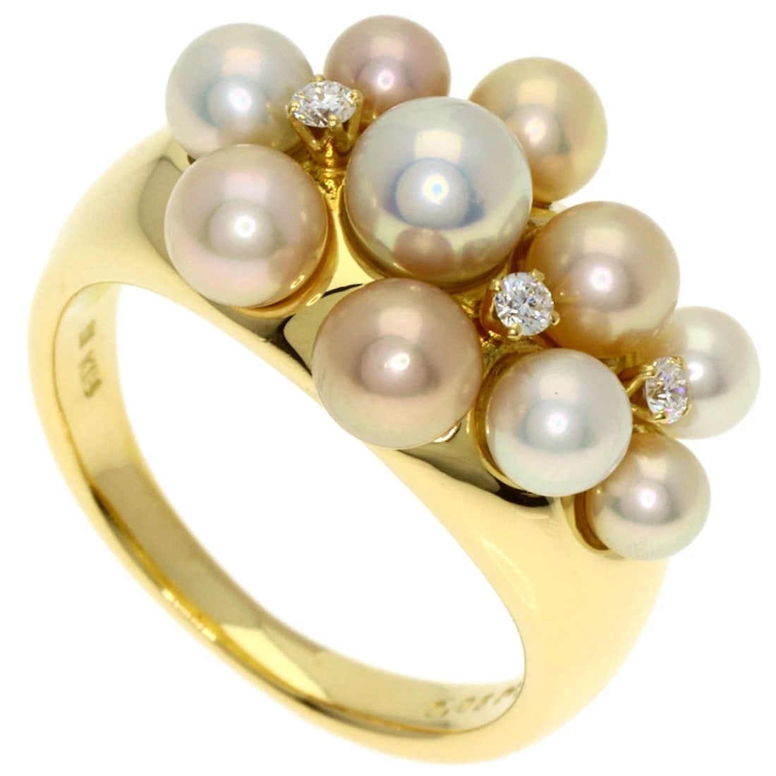 MIKIMOTO PERLITA PEARL 3P DIAMOND RING K18: MIKIMOTO Perlita Pearl 3P Diamond Ring K18 Brand: MIKIMOTO Type: Ring Material: K18 Yellow Gold Main Stone/Creation Pearl Color: Yellow Gold Size: 5.75(US) Accessories: None Accessories