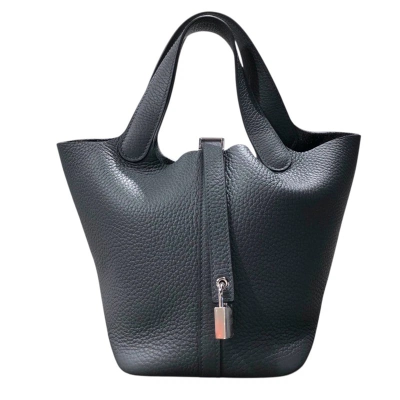 HERMES PICOTAN LOCK PM HANDBAG: HERMES Picotan Lock PM Handbag Brand: HERMES Type: Handbag Material: Taurillon Clemence Color: Grimist SilverHardware Size: W7.1 x H7.1x D5.1inch Accessories: None Accessories Notice: When