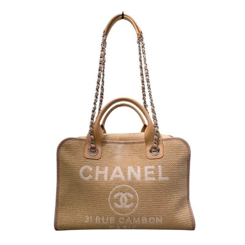 CHANEL DEAUVILLE BOWLING BAG SHOULDER BAG: CHANEL deauville bowling bag Shoulder Bag Brand: CHANEL Type: Shoulder Bag Material: canvas Color: Beige xSilverHardware Size: W12.6 x H8.7x D5.5inch Accessories: None Accessories Notice: