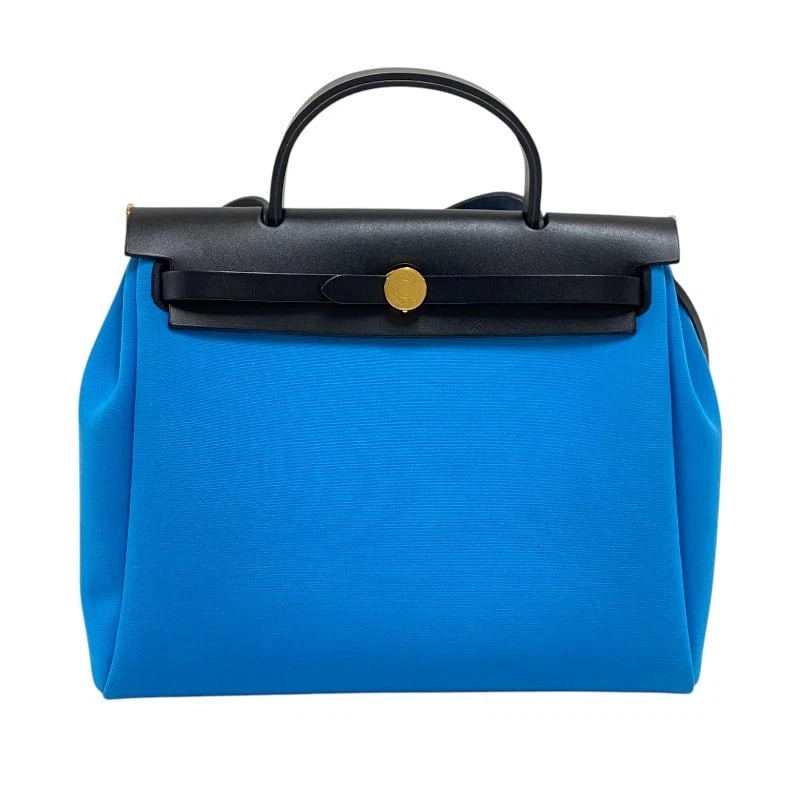 HERMES HERBAG ZIP PM HANDBAG: HERMES Herbag Zip PM Handbag Brand: HERMES Type: Handbag Material: Toile/leather Color: Blue Zanzibar x Black Gold Hardware Size: W11.8 x H9.8x D3.9inch Shoulder:35.4inch Accessories: None