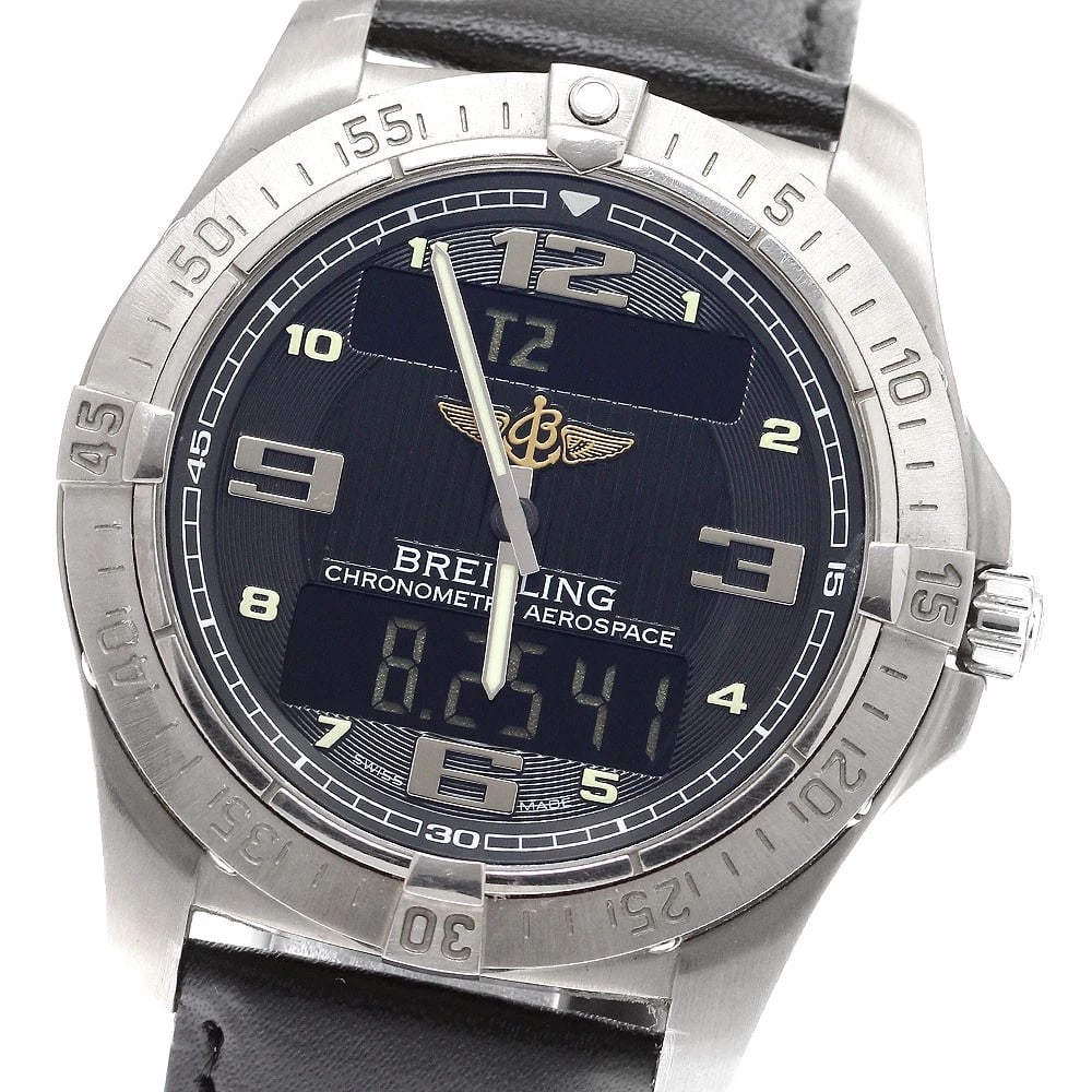 BREITLING AEROSPACE BLACK DIAL QUARTZ WATCH: BREITLING Aerospace black Dial Quartz Watch Brand: BREITLING Type: Wristwatch Material: Band Material leather, Case Material titanium Color: Band Color black, Case Color Silver, Dial Color black S