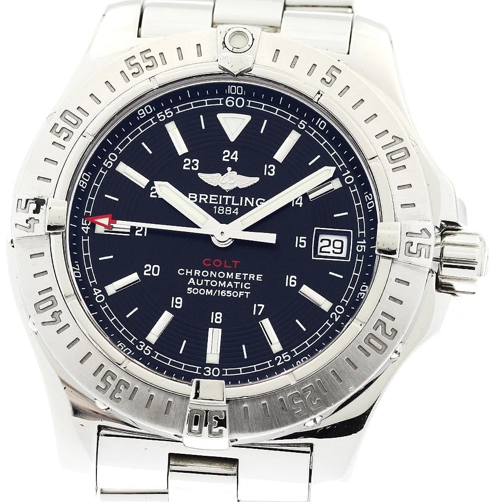 BREITLING COLT DATE BLACK DIAL AUTOMATIC WATCH: BREITLING Colt Date Black Dial Automatic Watch Brand: BREITLING Type: Wristwatch Material: Band Material Stainless Steel, Case Material Stainless Steel Color: Band Color Silver, Case Color Silver,