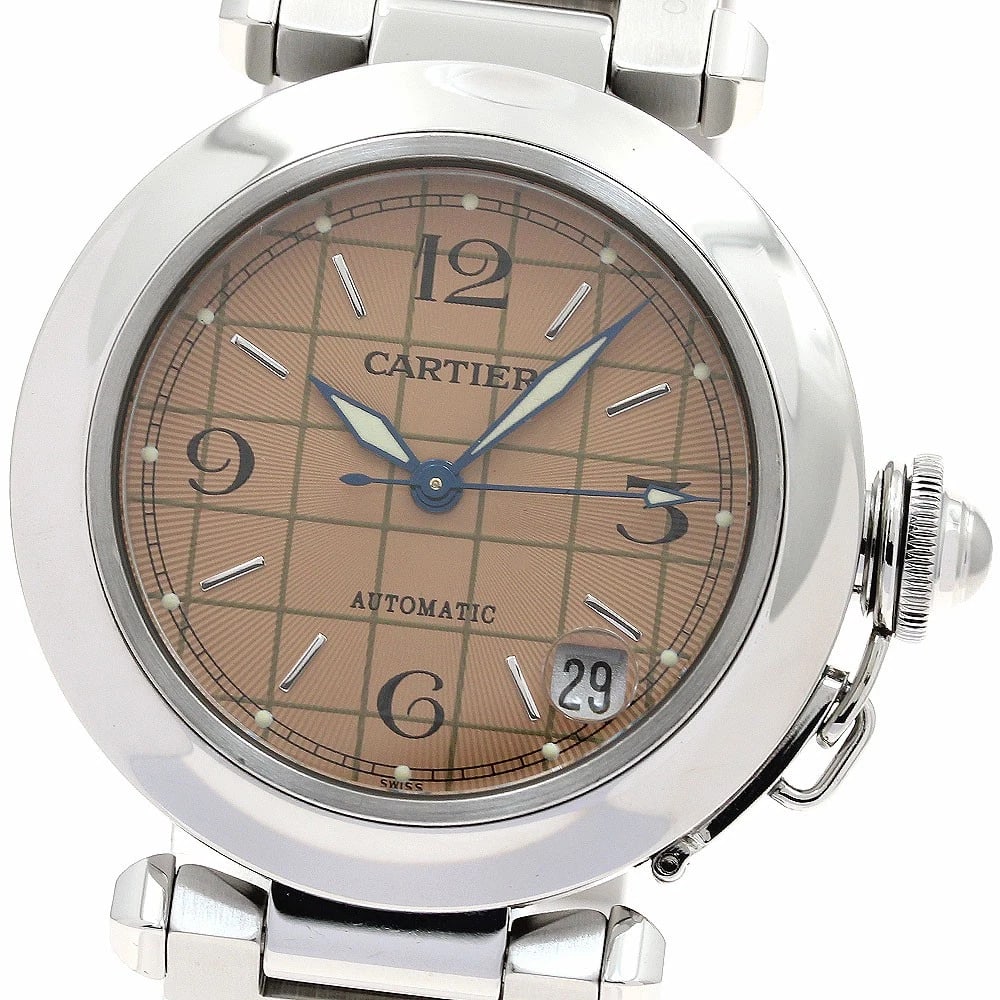 CARTIER PASHA C DATE ORANGE DIAL AUTOMATIC BOY'S WATCH: CARTIER Pasha C Date Orange Dial Automatic Boy's Watch Brand: CARTIER Type: Wristwatch Material: Band Material Stainless Steel, Case Material Stainless Steel Color: Band Color Silver, Case Color Si