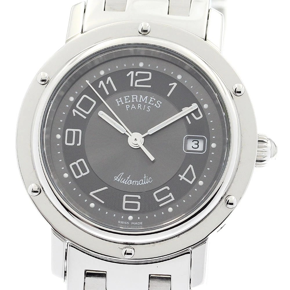 HERMES CLIPPER DATE GRAY DIAL AUTOMATIC BOY'S WATCH: HERMES Clipper Date gray Dial Automatic Boy's Watch Brand: HERMES Type: Wristwatch Material: Band Material Stainless Steel, Case Material Stainless Steel Color: Band Color Silver, Case Color Silver