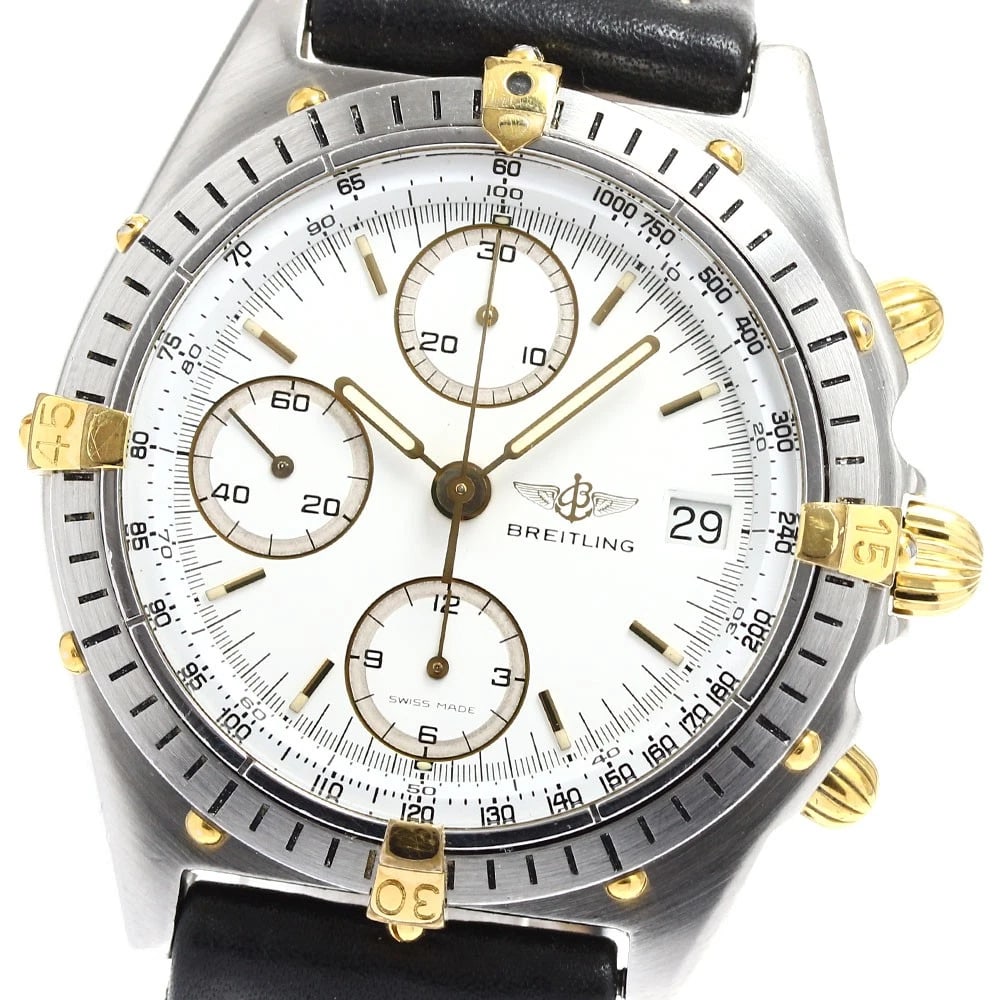 BREITLING CHRONOMAT BIKORO DATE WHITE DIAL AUTOMATIC WATCH: BREITLING Chronomat Bikoro Date white Dial Automatic Watch Brand: BREITLING Type: Wristwatch Material: Band Material leather, Case Material Stainless Steel/YG Color: Band Color black, Case Color Si