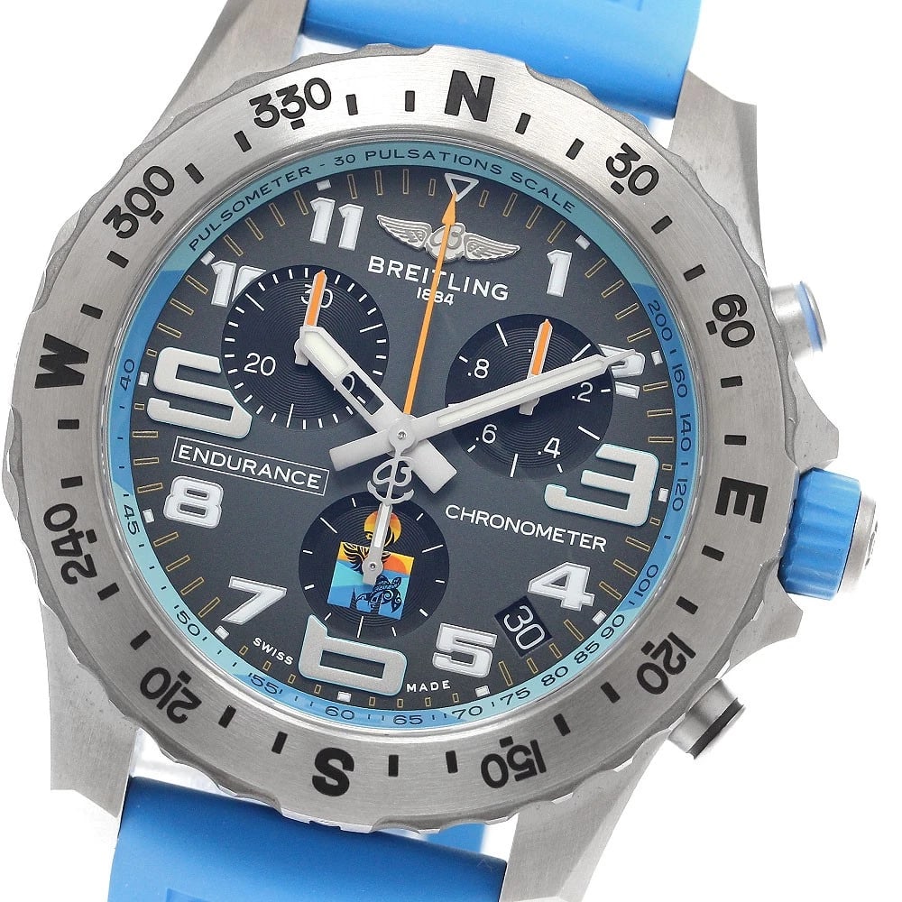 BREITLING ENDURANCE GRAY DIAL QUARTZ WATCH: BREITLING Endurance Gray Dial Quartz Watch Brand: BREITLING Type: Wristwatch Material: Band Material rubber, Case Material titanium Color: Band Color blue, Case Color Silver, Dial Color gray Size: