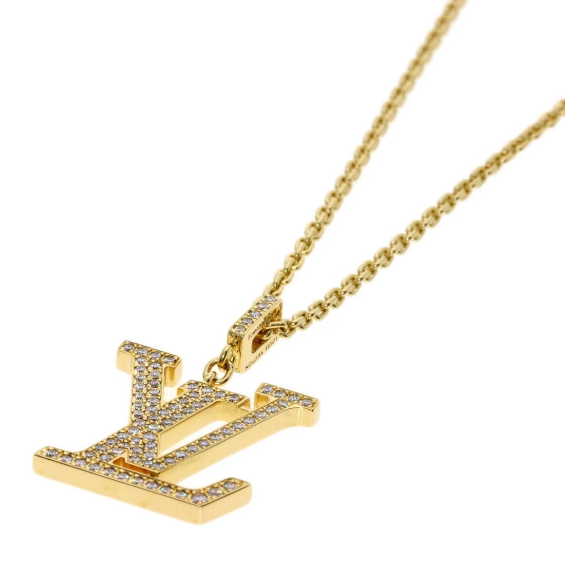 LOUIS VUITTON PANDANTIF LOGO DIAMOND NECKLACE: LOUIS VUITTON Pandantif logo Diamond Necklace Brand: LOUIS VUITTON Type: Necklace Material: K18 Yellow Gold Main Stone/Creation Natural Color: Yellow Gold Size: Chain Length:21.5inch/54.5cm Top Si