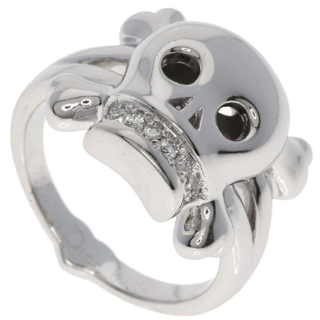 DIOR TETE DE MORT SKULL DIAMOND RING: Dior Tete de Mort Skull Diamond Ring Brand: Dior Type: Ring Material: K18 White Gold Main Stone/Creation Natural Color: White Gold Size: 7.5(US) Accessories: None Accessories Notice: When